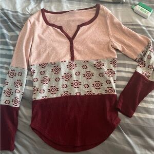 Pink and Red Long Sleeve Polo Blouse with Graphic Design